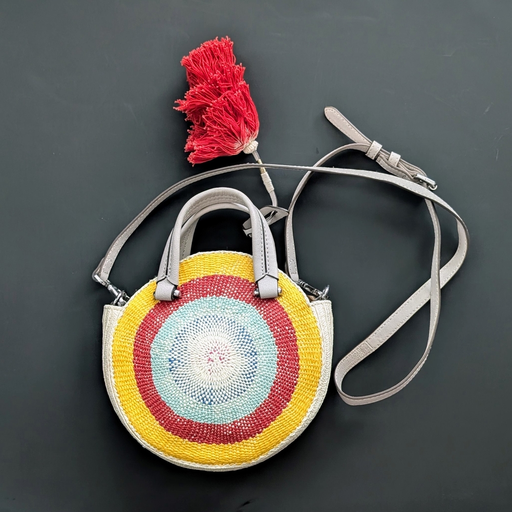 Vince Camuto Bohemian Colorful Round Woven Handbag With Tassel